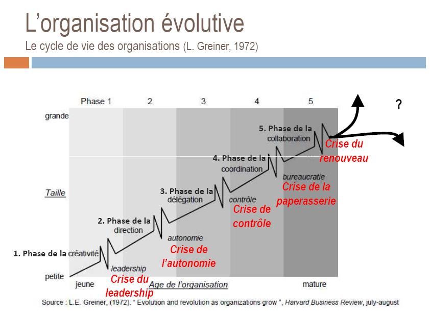 L'organisation évolutive selon Larry E. Greiner (évolution et révolution à mesure que les organisations se développent)