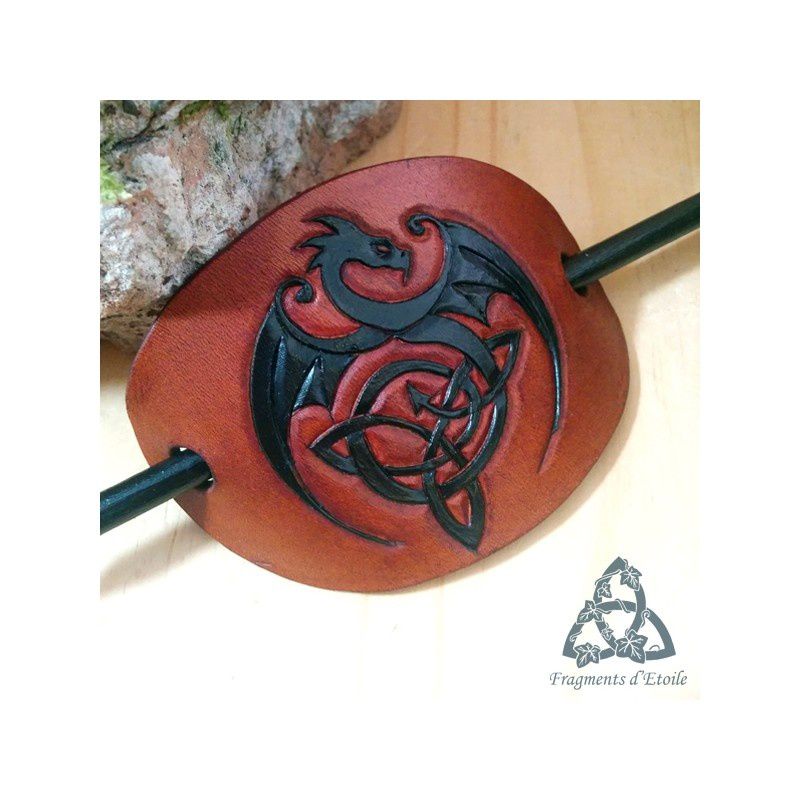 Barrette celtique en cuir Celtic Dragon brun marron noir entrelacs noeud celtique médiéval viking elfique païen ésotérisme magie
