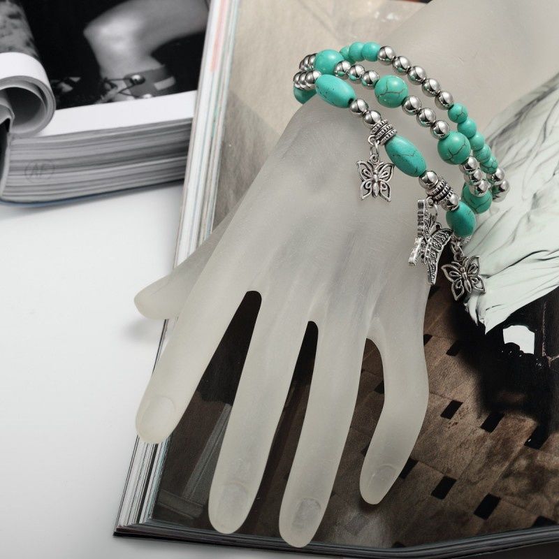 Butterfly Charm Bracelet Set Of 3Turquoise Beaded Stretch Bracelets