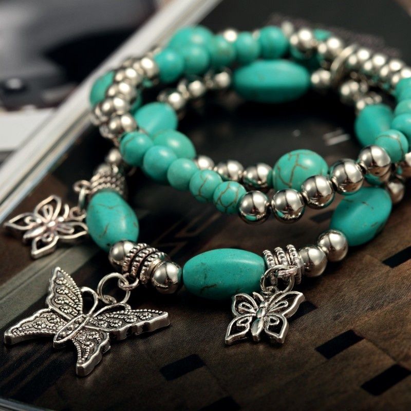 Butterfly Charm Bracelet Set Of 3Turquoise Beaded Stretch Bracelets