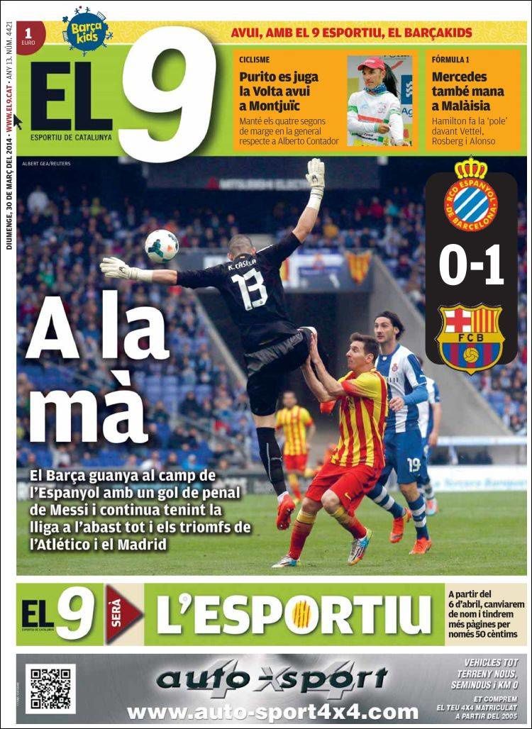 La Une de El 9 aujourd'hui (30/03/2014) / La portada de El 9 hoy (30/03/2014) / La portada de El 9 avui (30/03/2014) / The today's El 9 Cover (03/30/2014)