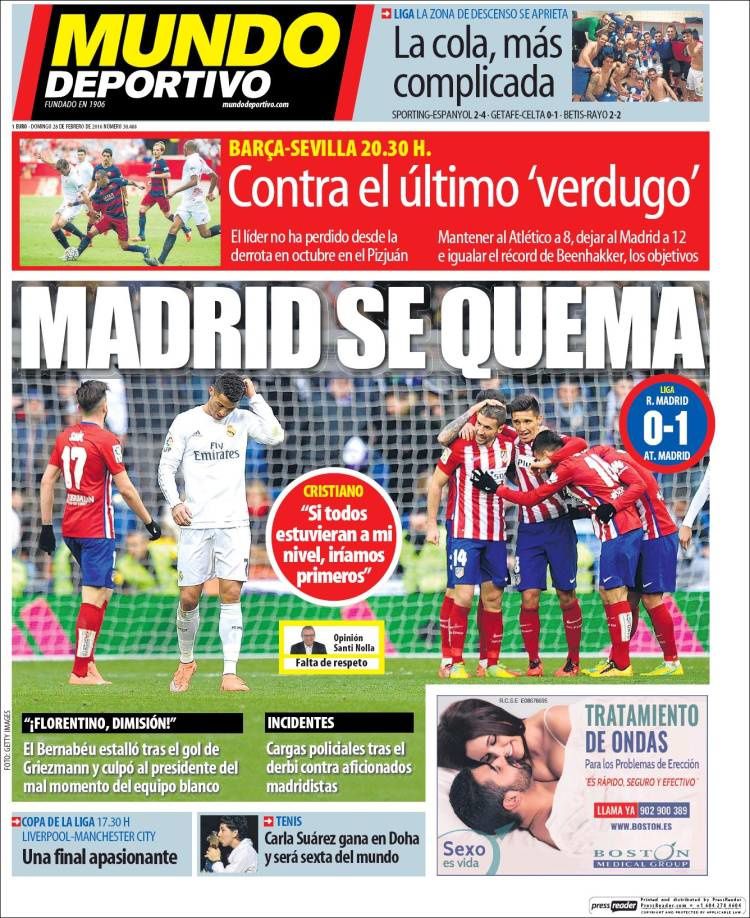La Une de Mundo Deportivo aujourd'hui (28/02/2016) / La portada de Mundo Deportivo hoy (28/02/2016) / La portada de Mundo Deportivo avui (28/02/2016) / The today's Mundo Deportivo Cover (02/28/2016)﻿