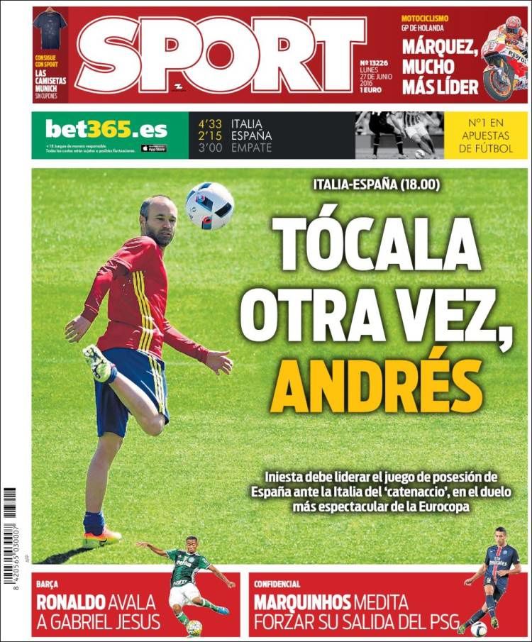 La Une de Sport aujourd'hui (27/06/2016) / La portada de Sport hoy (27/06/2016) / La portada de Sport avui (27/06/2016) / The today's Sport Cover (06/27/2016)