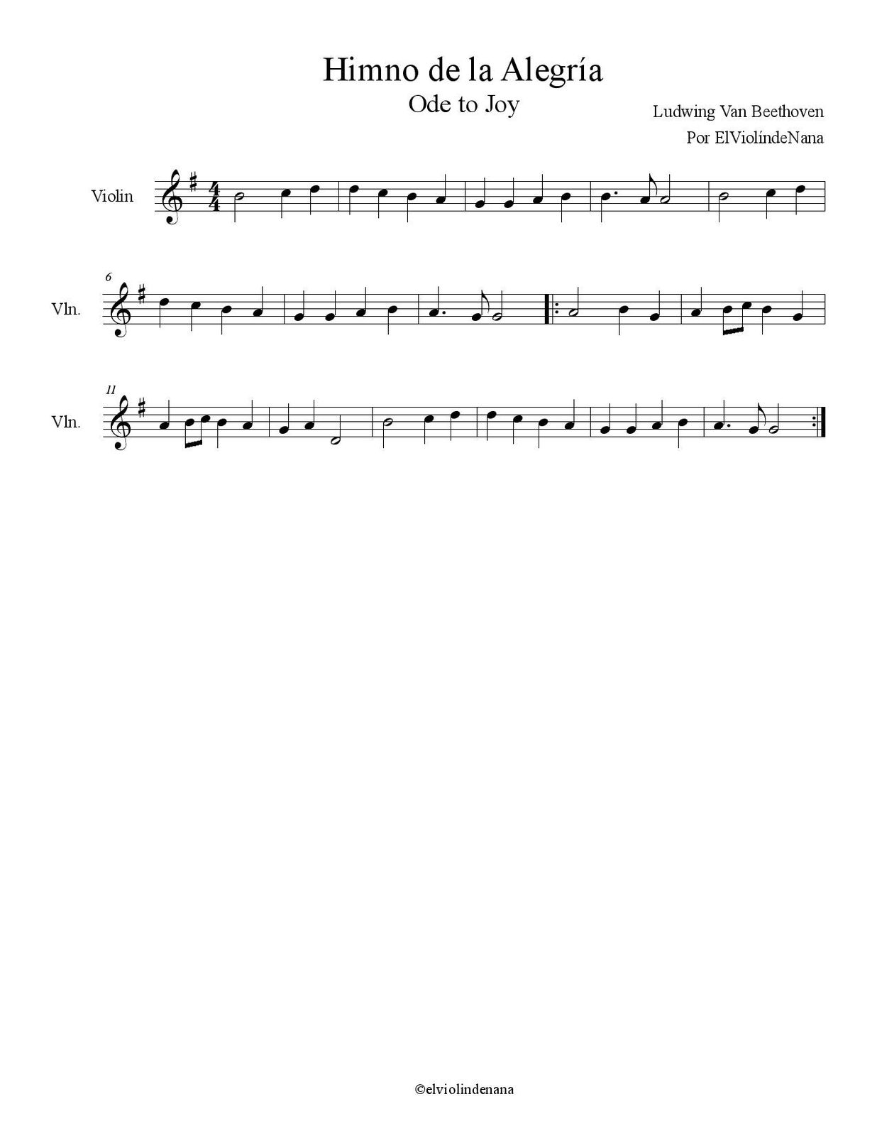 Partitura del "Himno de la Alegría" (Ode to Joy) para Violín - Las Notas De  Nana