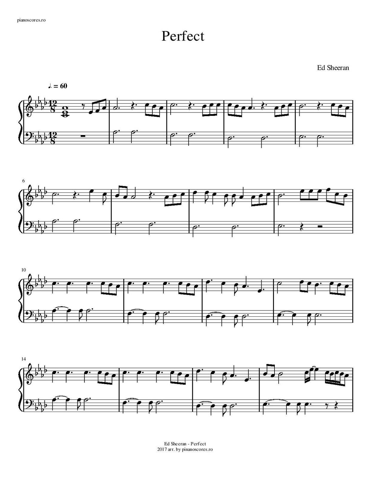 Partitura para Piano Perfect  Ed Sheeran - Las Notas De Nana