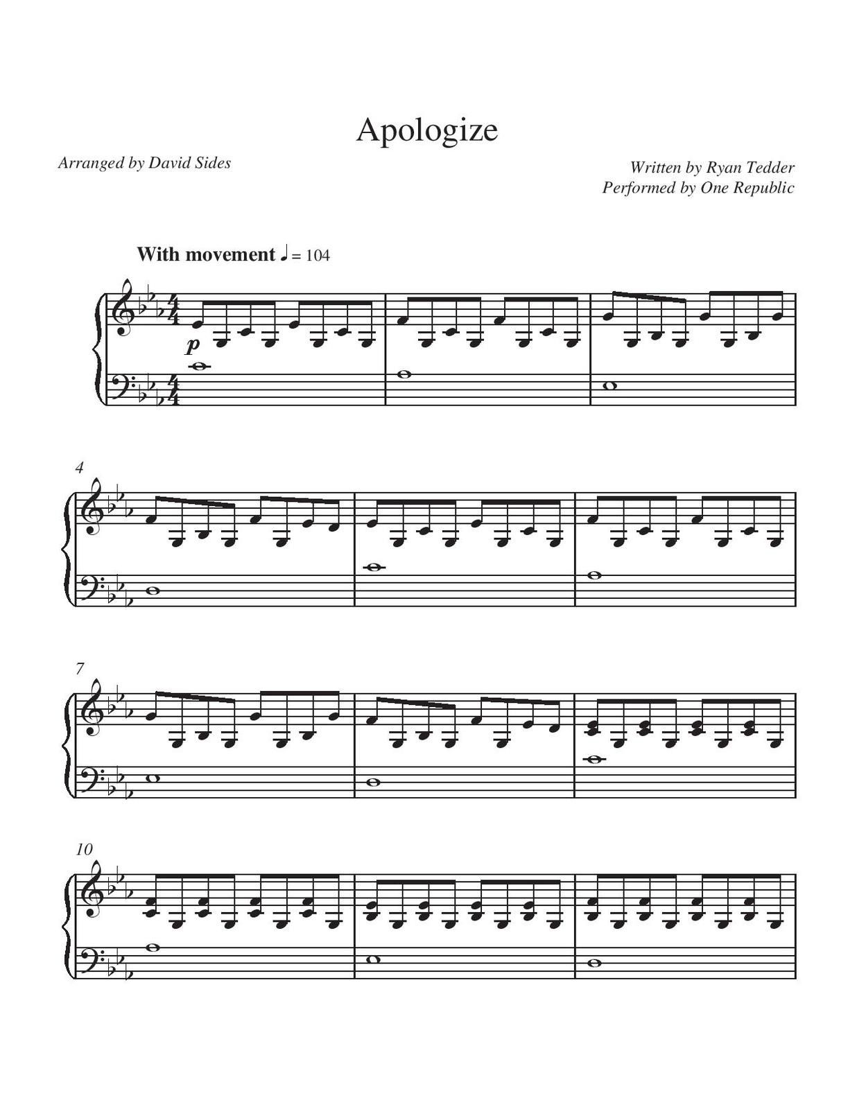 Partitura para Piano "Apologize" | One Republic - Las Notas De Nana