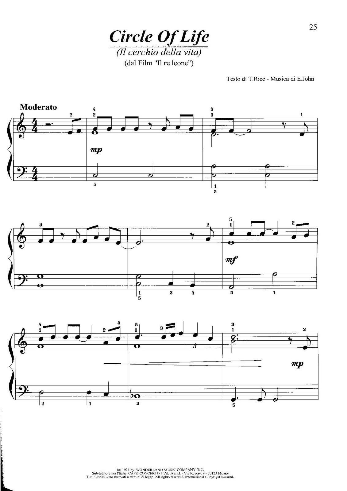 Partitura para Piano "El Ciclo De La Vida" | El Rey León - Disney - Las  Notas De Nana