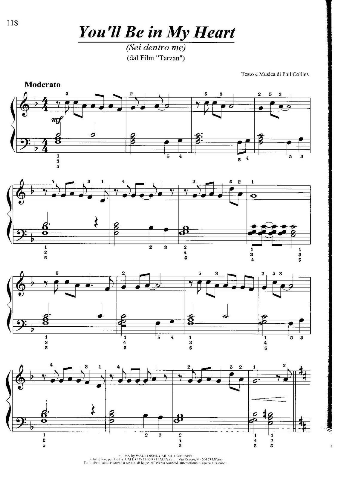 Partitura para Piano "En Mi Corazón Vivirás" | Tarzán - Disney - Las Notas  De Nana