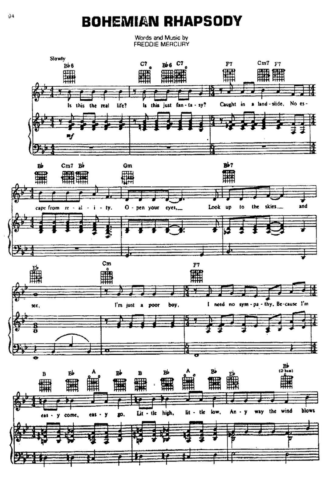 maravilloso Típico Mucama Partitura para Piano "Bohemian Rhaphsody" | Queen - Las Notas De Nana