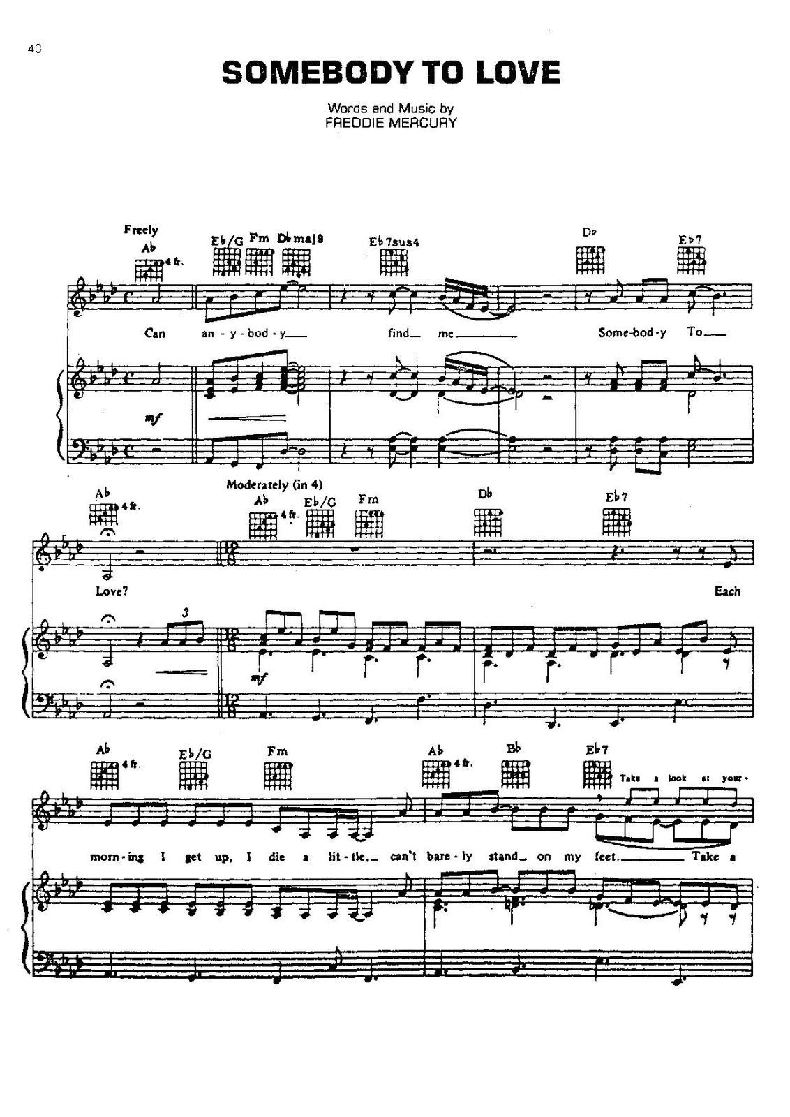 Partitura para Piano "Somebody To Love" | Queen - Las Notas De Nana