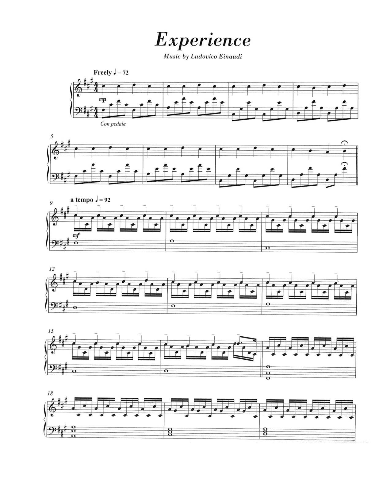 Partitura Para Piano "Experience" | Ludovico Einaudi - Las Notas De Nana