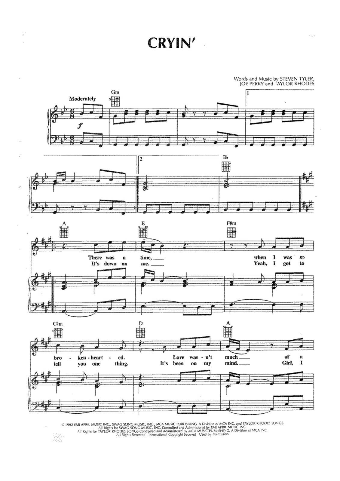 Partitura Para Piano "Crying" | Aerosmith - Las Notas De Nana