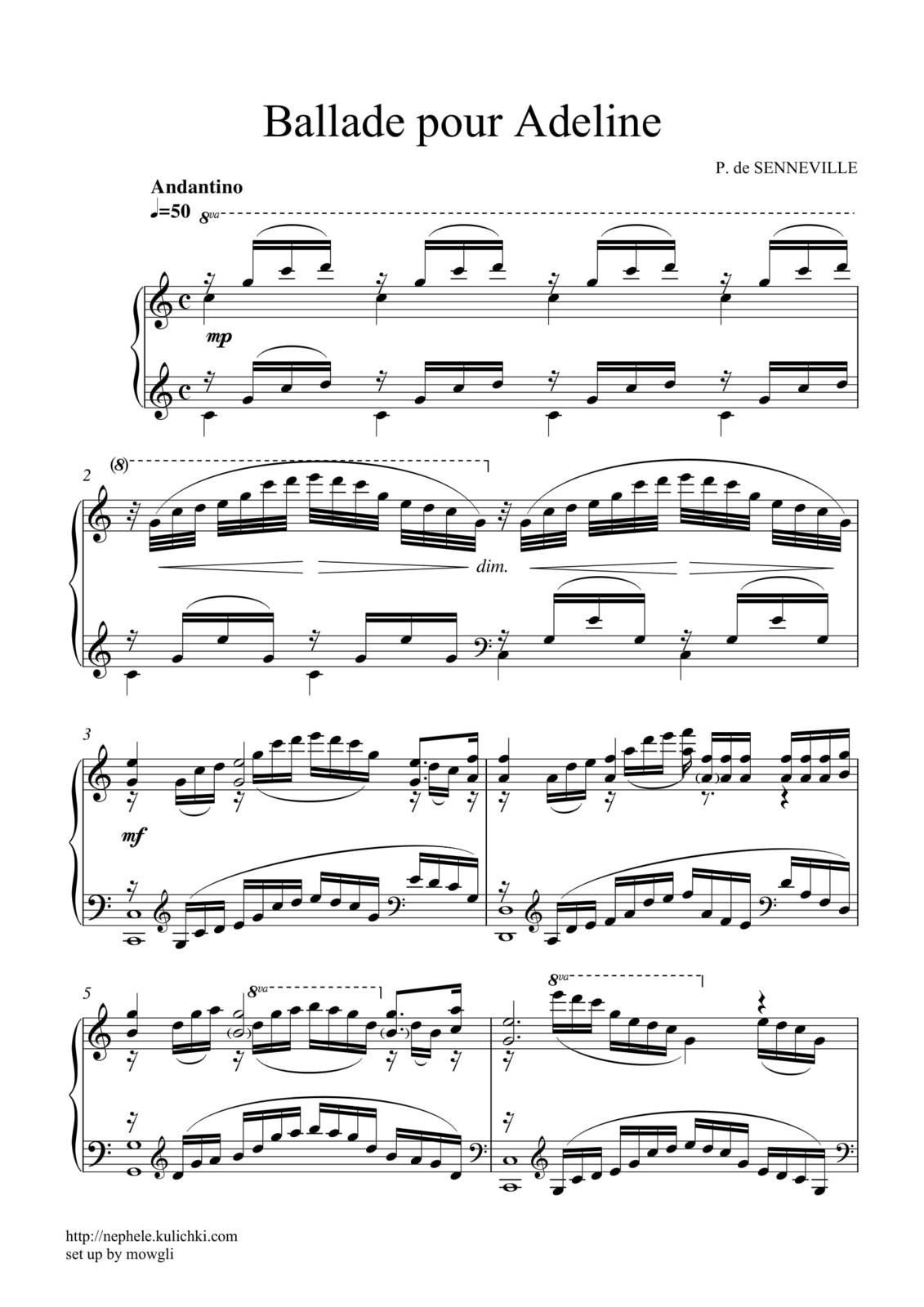 Partitura Para Piano "Ballade Pour Adeline" | Seneville - Las Notas De Nana