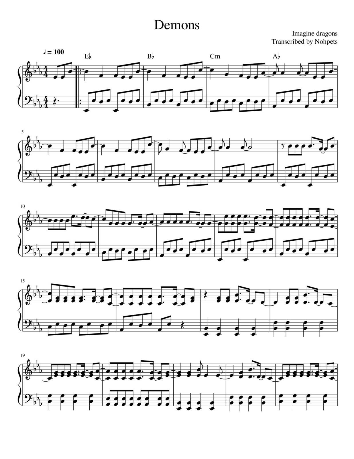 Partitura Para Piano "Demons" | Imagine Dragons - Las Notas De Nana