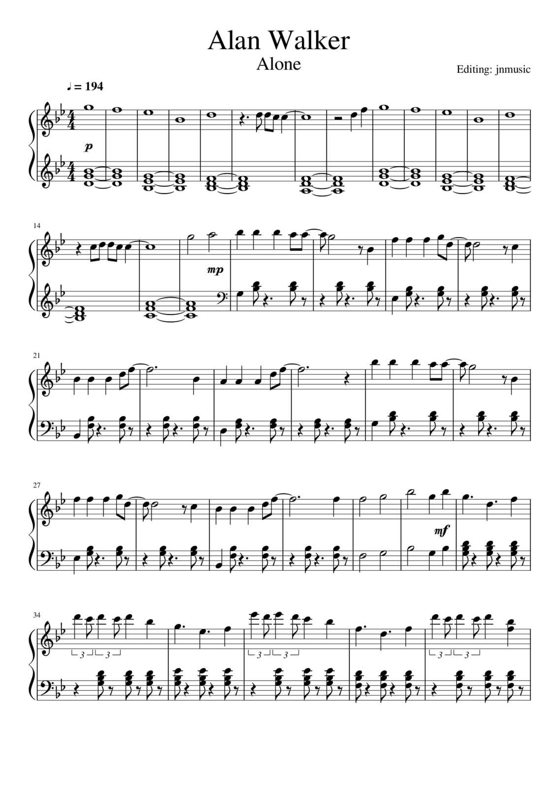 Partitura Para Piano "Alone" | Alan Walker - Las Notas De Nana