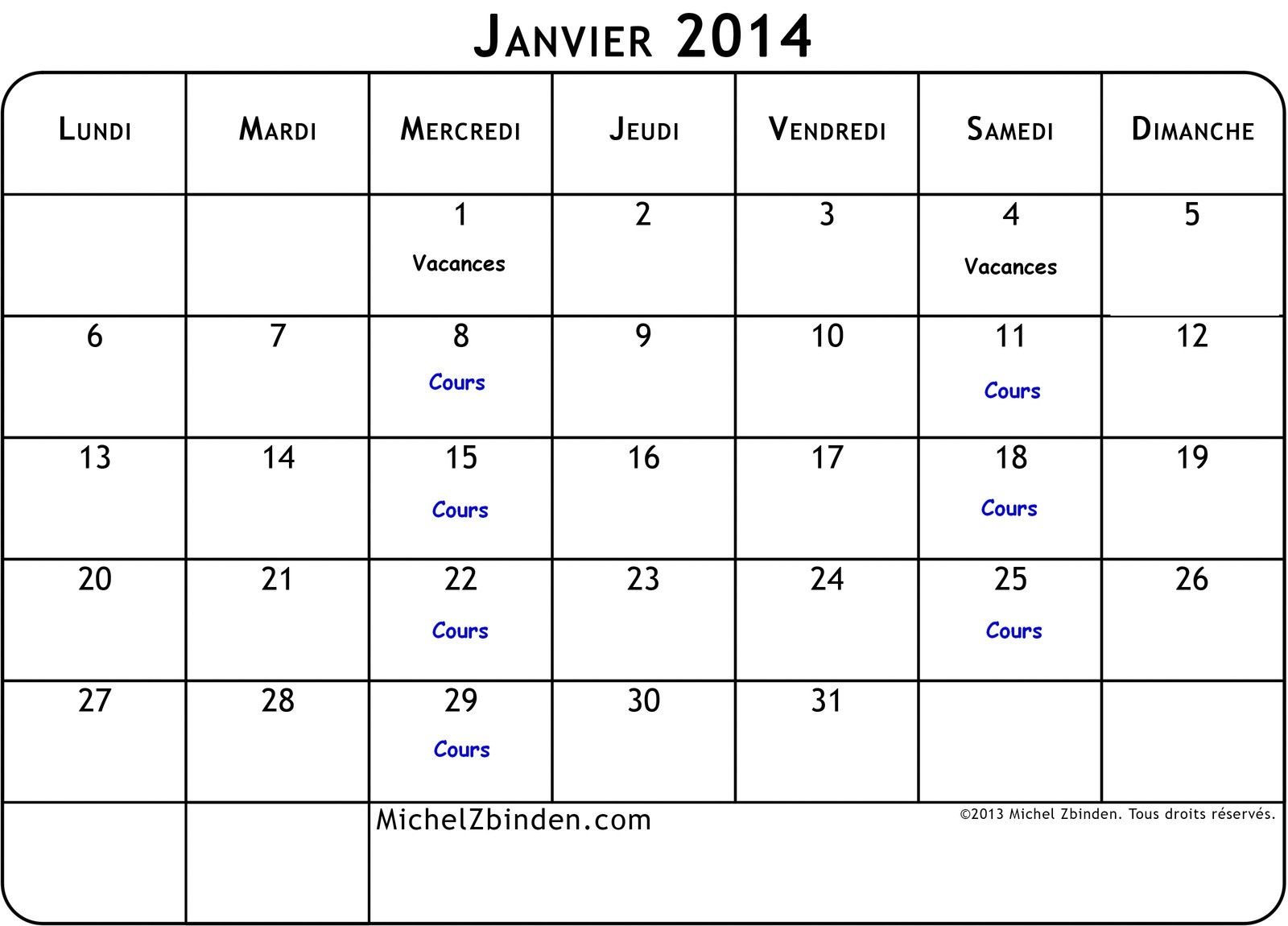 Janvier 2014." Planning calendrier des cours janvier 2014 - Twirling Club des Sablons