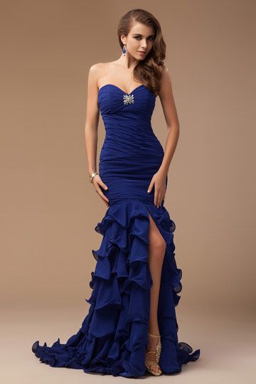 Robe de soirée sirène bustier cœur à volants et ruchée en Mousseline