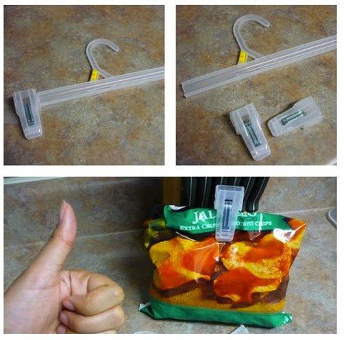 1 - Utiliser un cintre comme pince pour fermer vos paquets alimentaires