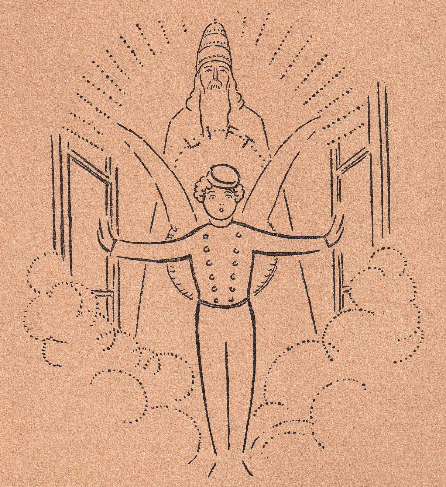 Maurice Venoise "Les Mystères du Praxinoscope" (Boivin et Cie éditeur - 1931) : C'était un ange puisqu'il avait des ailes, mais un ange vêtu en groom bleu ; un ange puisqu'il possédait aussi une auréole, mais à demi-formée par les lettres du mot "Lift".