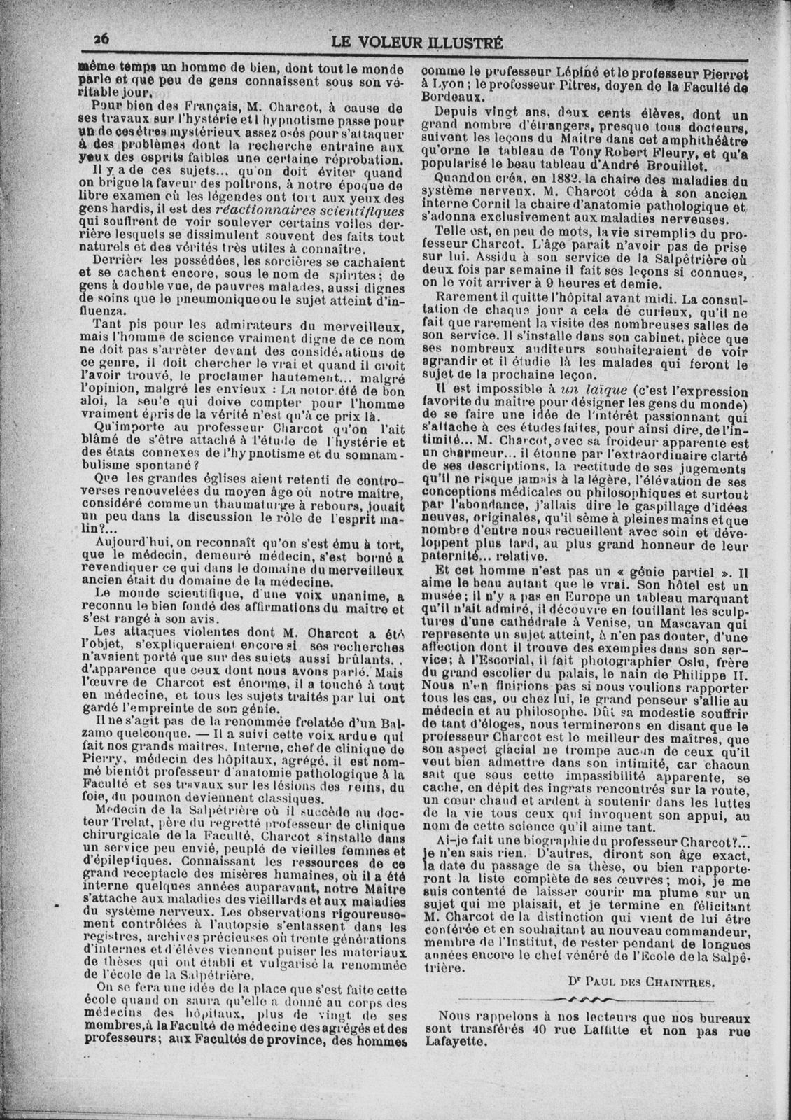 Dr Paul des Chaintres "Le Docteur Charcot" in Le Voleur illustré : cabinet de lecture universel n°1802 du 14 janvier 1892