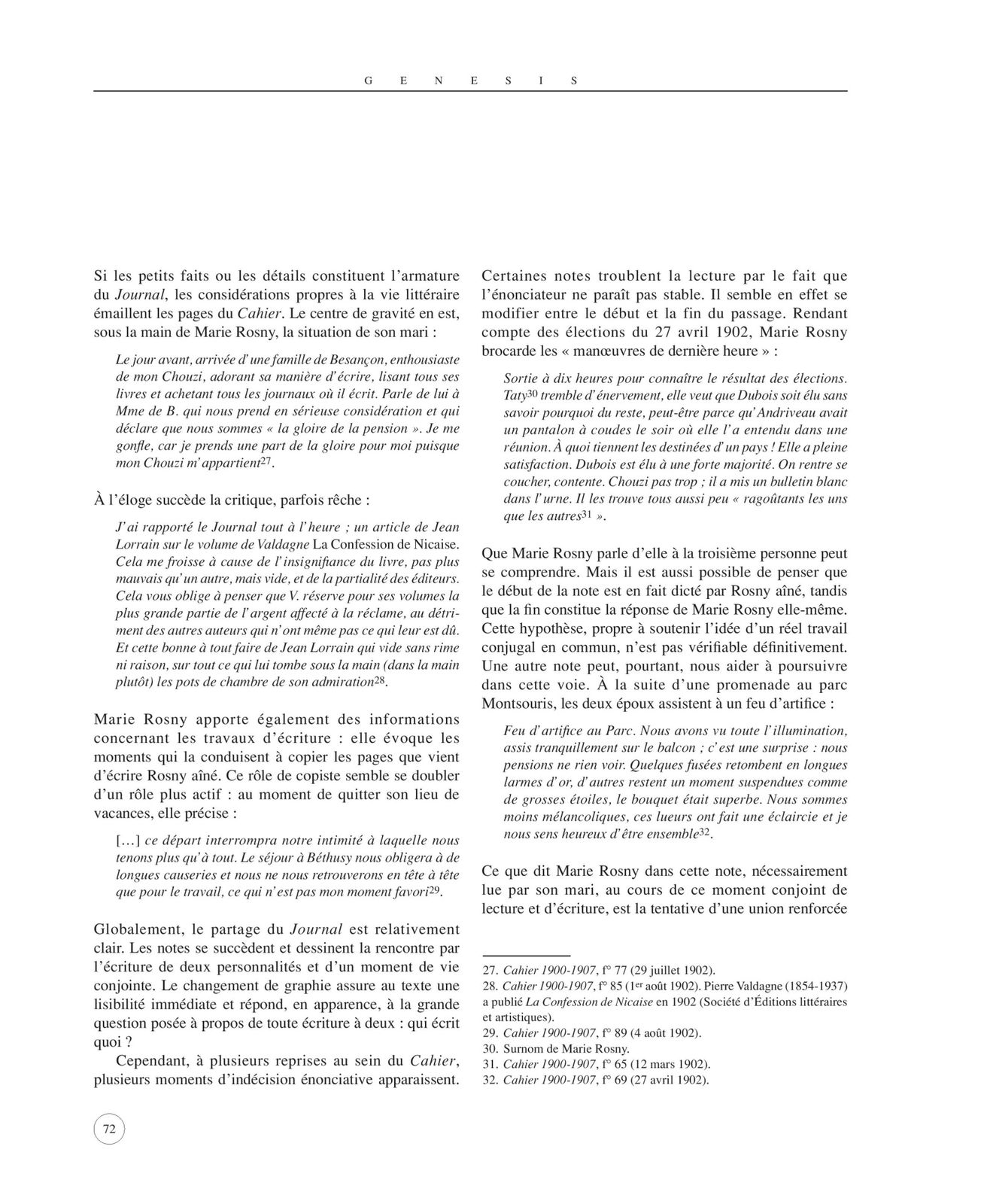 Jean-Michel Pottier "J.-H. et Marie Rosny, un journal conjugal. Le Cahier 1900-1907" in Genesis n°32 : Journaux personnels (2011)