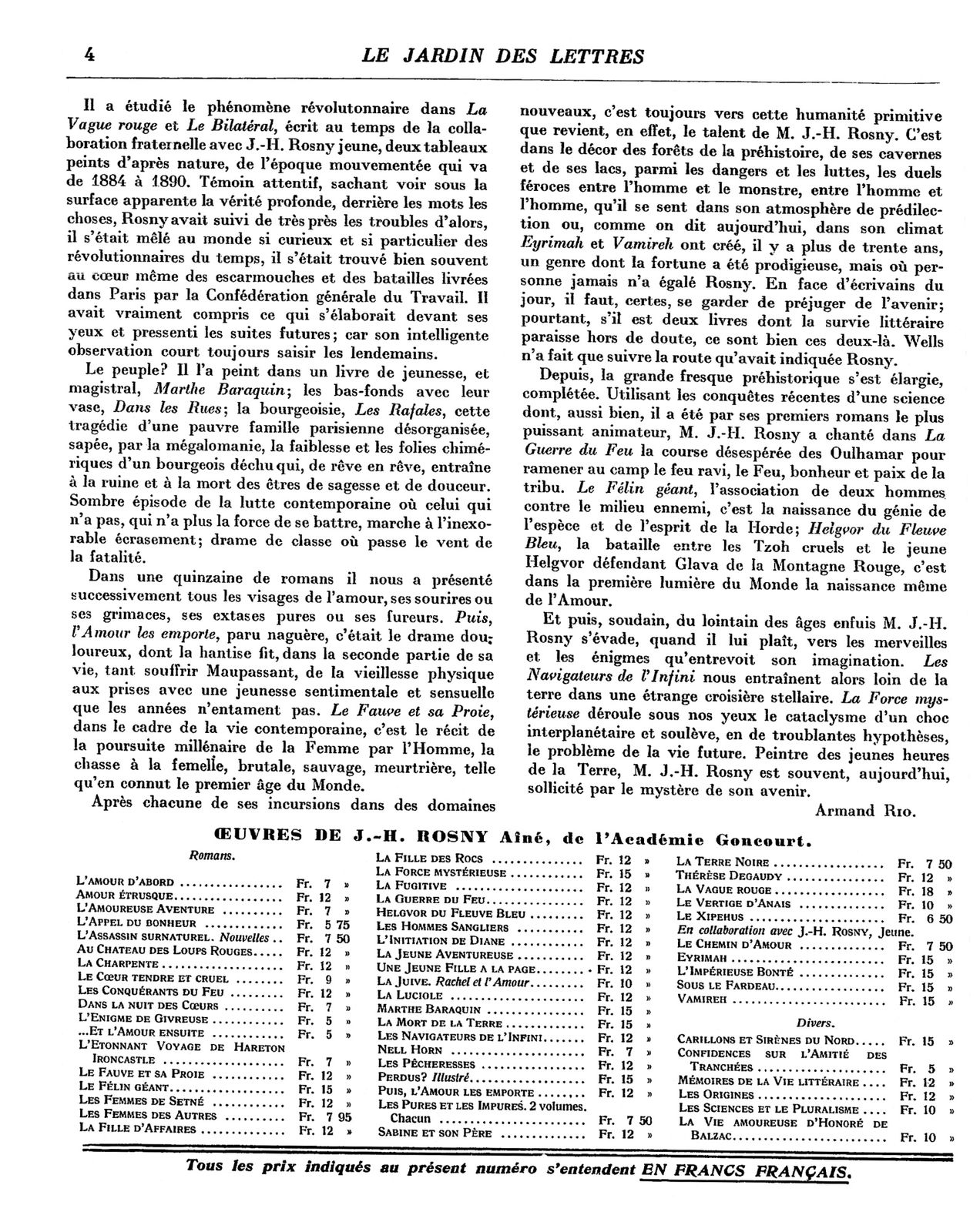 Armand Rio "J.-H. Rosny aîné, de l'Académie Goncourt" in Le Jardin des Lettres n°22 (décembre 1932)