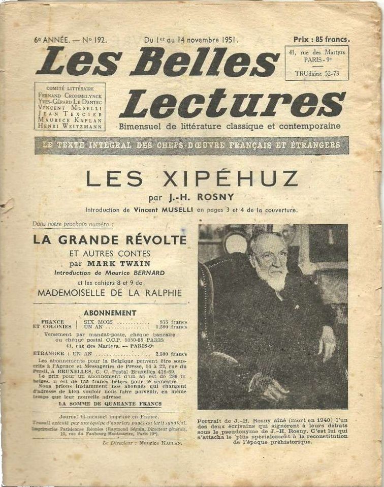 J.-H. Rosny aîné "Les Xipéhuz" in Les Belles Lectures n°192 du 1er au 14 novembre 1951