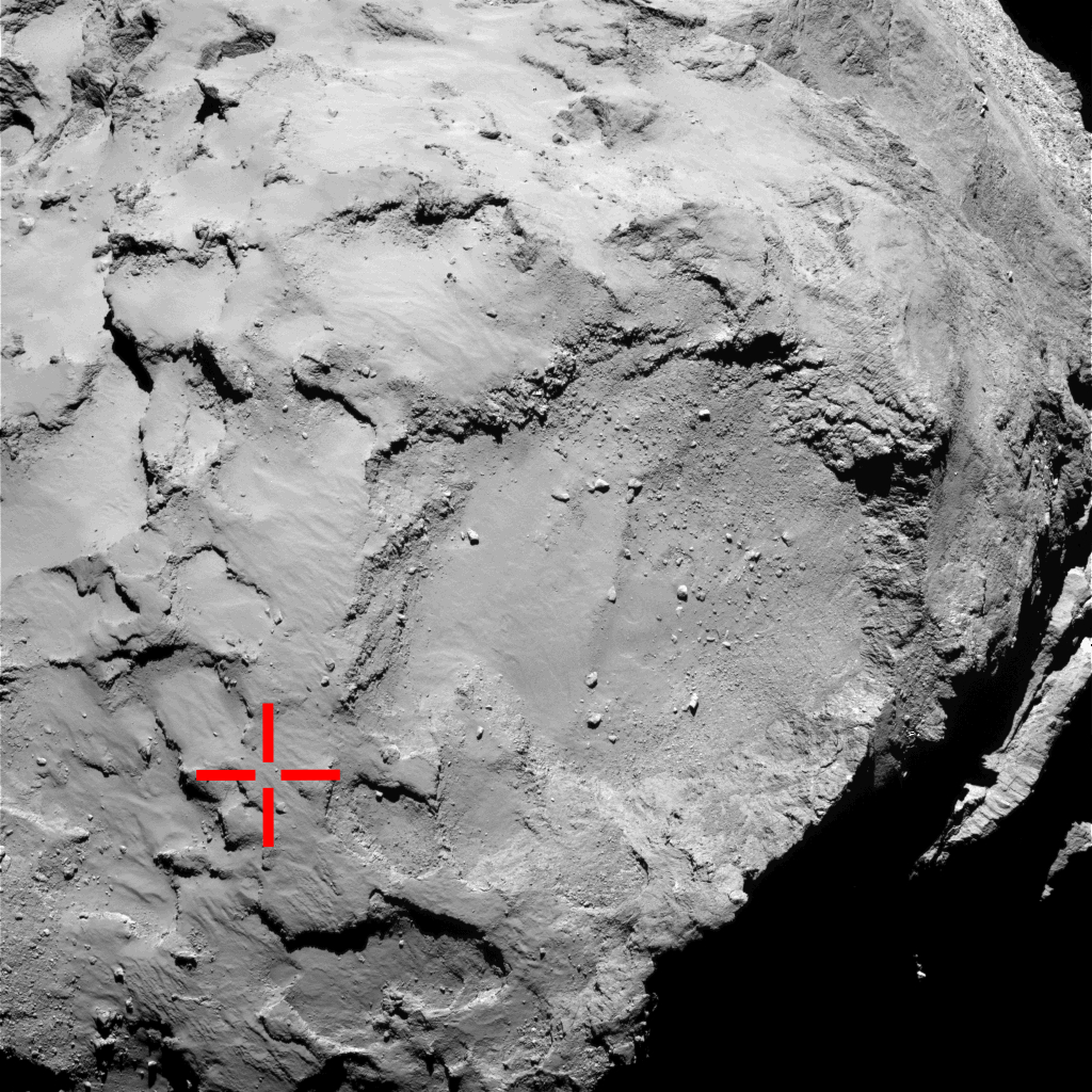Site d'"acométage" de la sonde Philae avant son 1er rebond