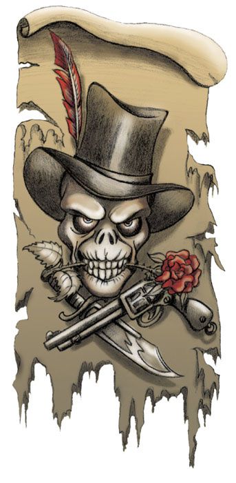 Tatouage "Crâne outlaw à la rose" (copyrigth BruDel).