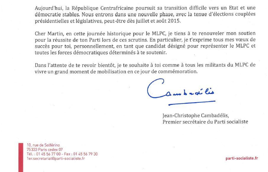 36ème anniversaire du MLPC : Lettre de soutien de Jean Christophe  CAMBADELIS, Premier Secrétaire du PS français à Martin ZIGUELE