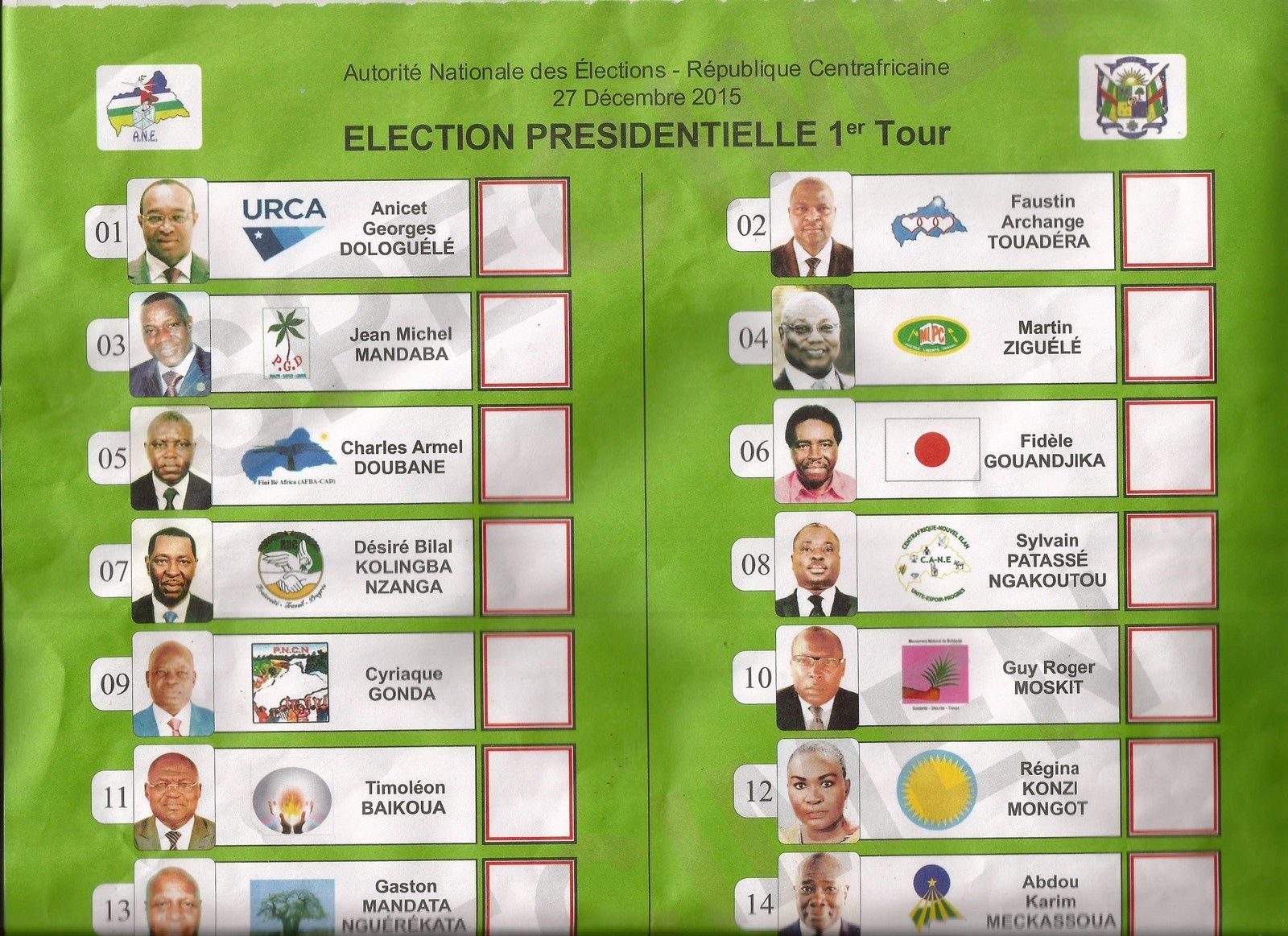 Specimen du bulletin unique de vote à la présidentielle centrafrique