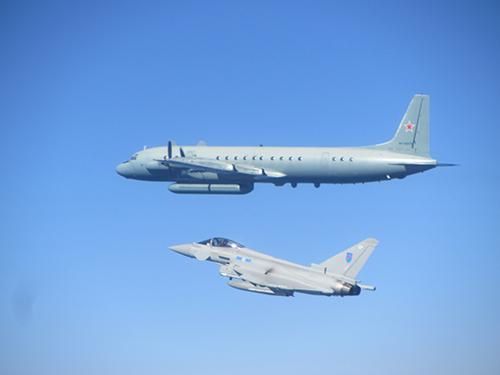 RAF Typhoon of 6 Squadron from 121 Expeditionary Air Wing deployed in Estonia intercepts Russian Il-20 Coot A electronic surveillance aircraft - photo RAF.jpg