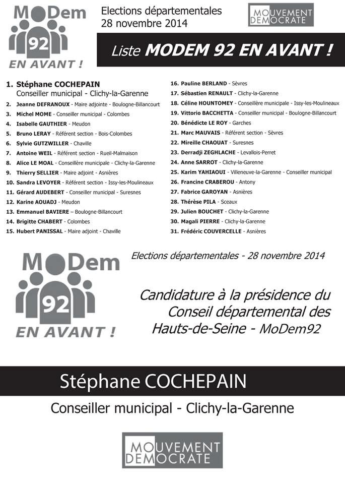 Mouvement Démocrate : élections départementales 28 novembre 2014 Liste MoDem 92 en avant !