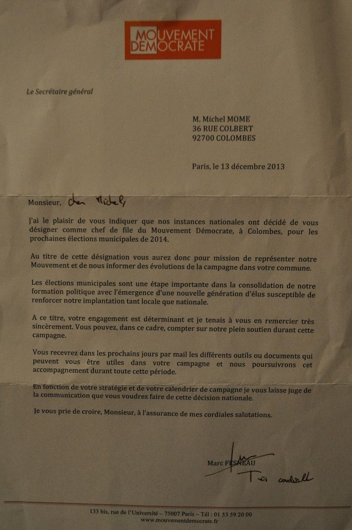 Lettre de Marc Fesneau, Secrétaire général du MoDem : Michel Môme désigné comme chef de file du MoDem à Colombes