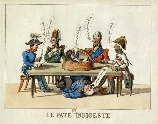 Caricature anonyme (1815) De gauche à droite : le roi d'Angleterre, le roi de Prusse, le tsar de Russie, l'empereur d'Autriche. Sous la table : Louis XVIII. Dans le plat : Napoléon.
