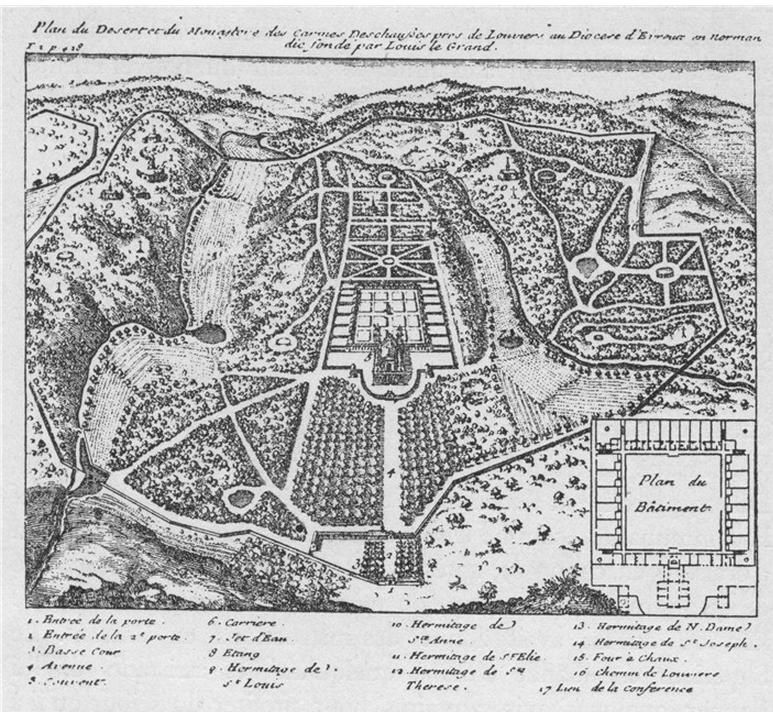 Le plan du désert de la Garde-Châtel publié en 1714 par Jean-François Bourgoing de Villefore dans La Vie des saints solitaires d'occident.