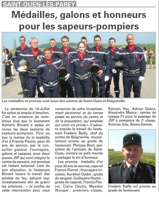  Saint-Ouen-Les-Parey : Médailles, galons et honneurs pour les sapeurs-pompiers (Vosges Matin)