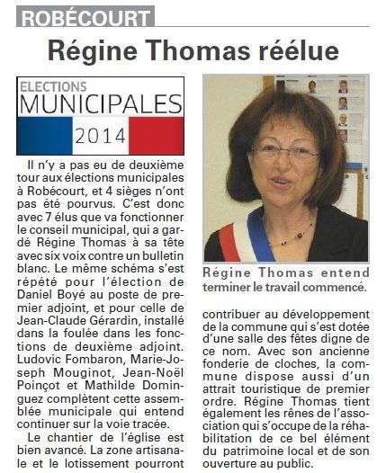 Robécourt : Régine Thomas réélue (Vosges Matin)