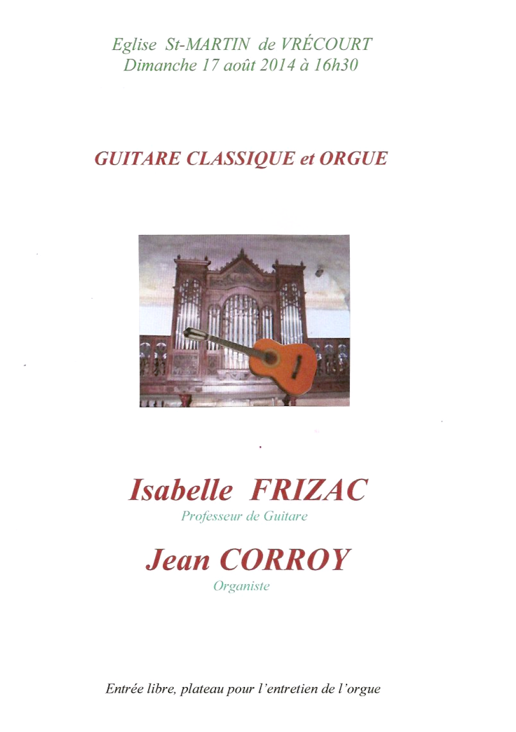 Vrécourt : concert &quot;Guitare Classique et Orgue&quot; le dimanche 17 août 2014 à 16h30