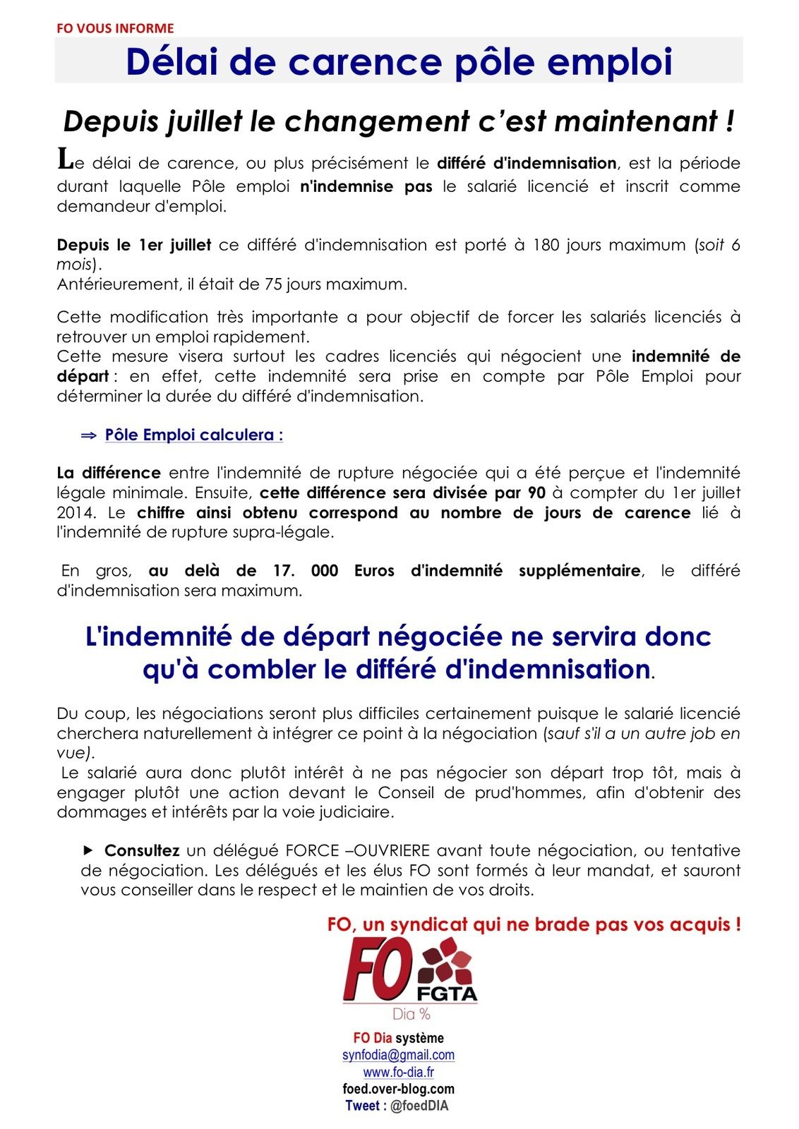 FO Dia communication : délai de carence Pôle emploi, avis de décès de la rupture  conventionnelle ? - FO Retail Distribution