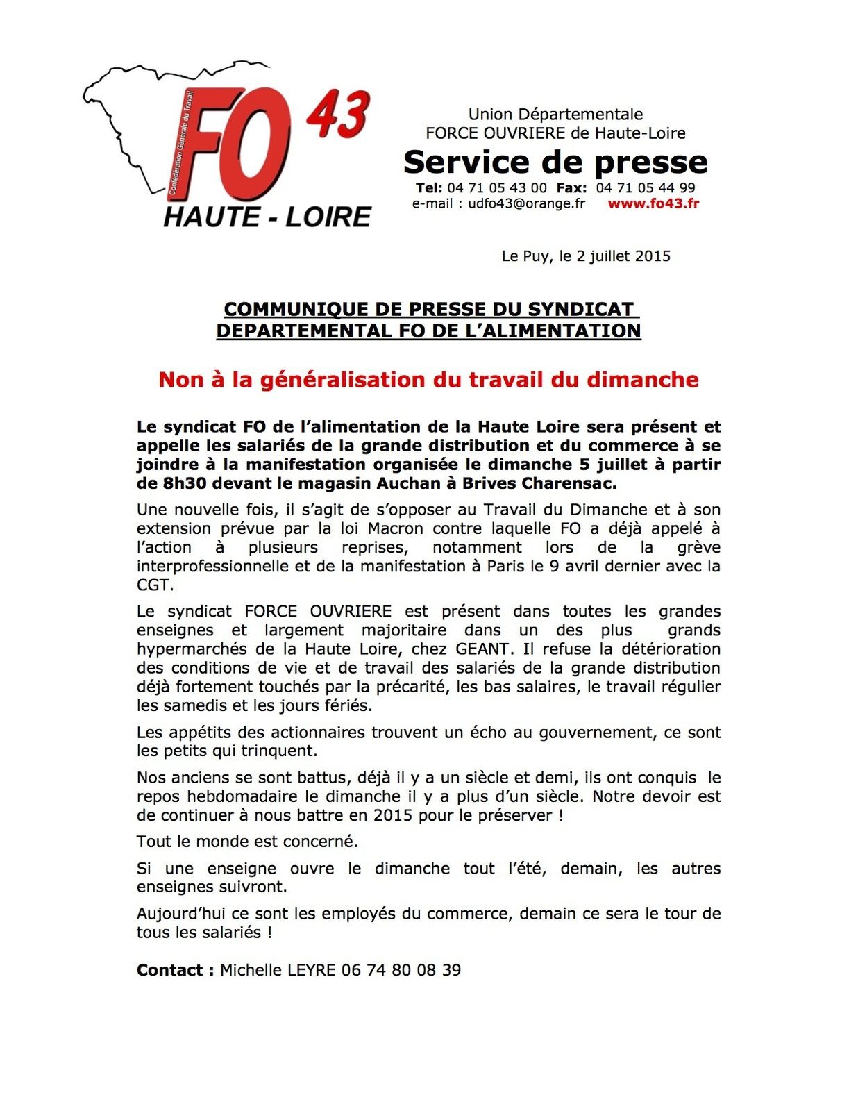 Action contre le travail du dimanche chez Géant