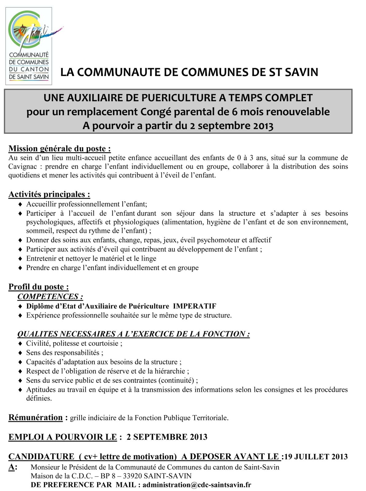 Offre d emploi auxiliaire de puericulture