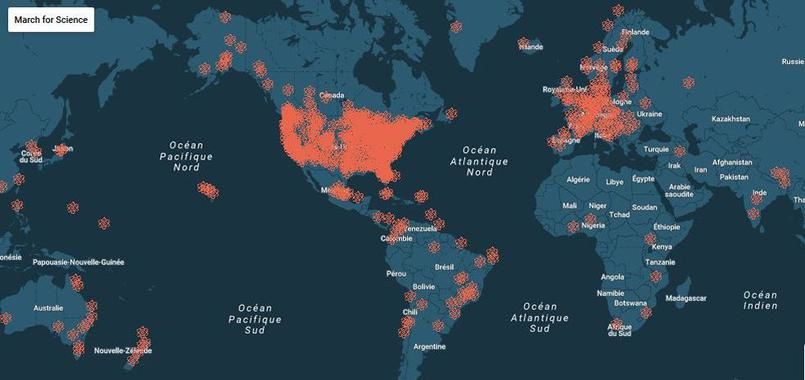 Carte des marches pour la science dans le Monde. (source: https://www.marchforscience.com/satellite-marches/ )