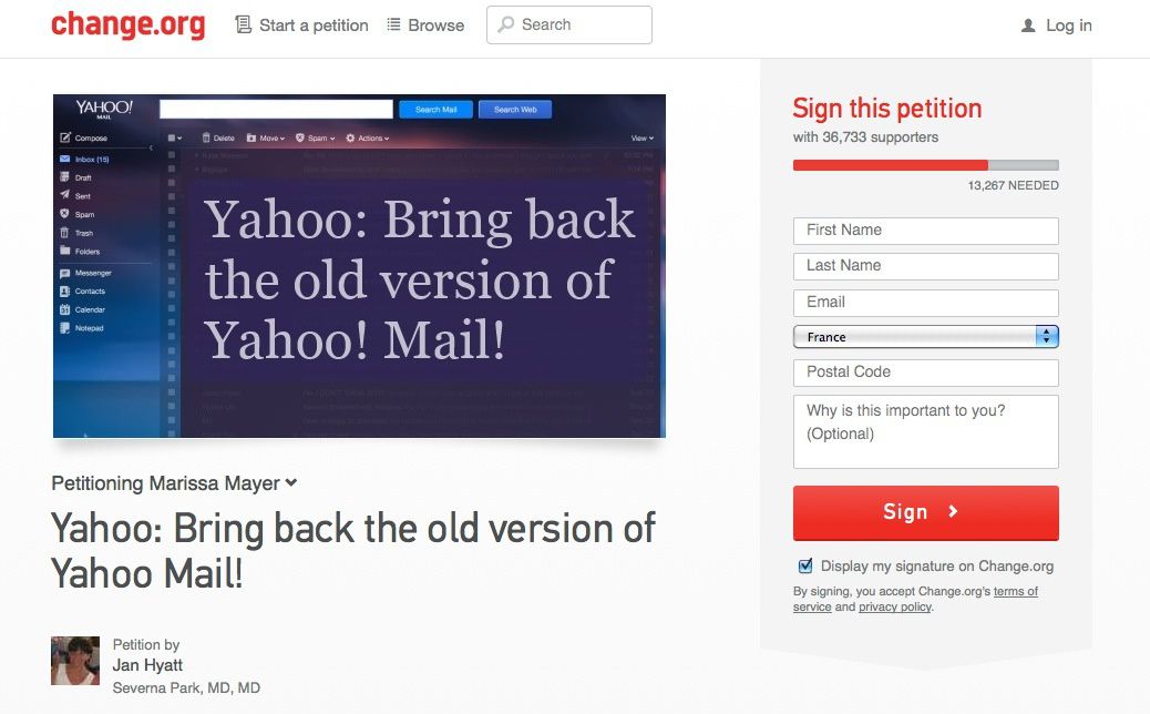 Pétition mondiale contre le nouveau #Yahoo! Mail