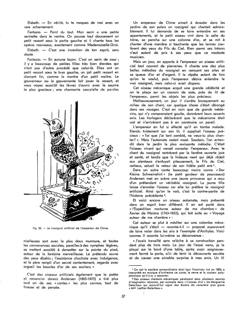 Les automates et les œuvres d'imagination V, par Alfred Chapuis (dessins originaux d'Alex Billeter) in La Fédération horlogère suisse n°5 de octobre 1946