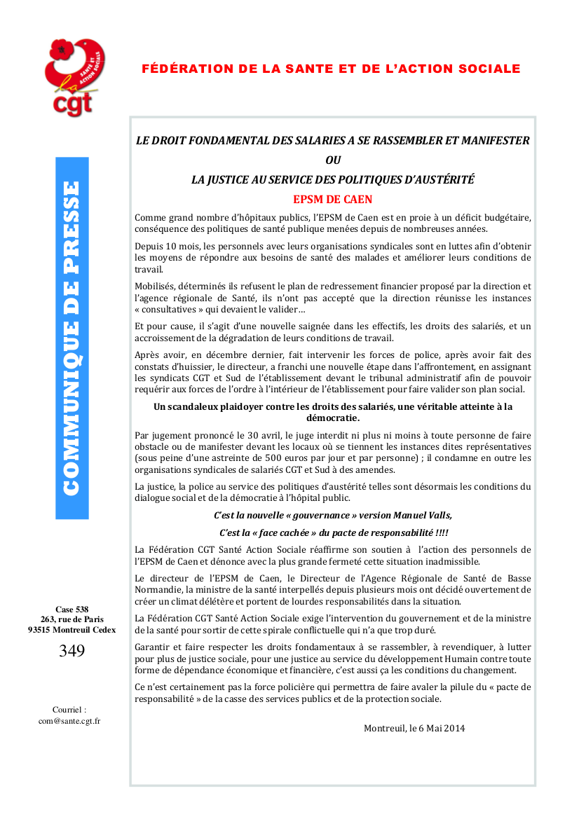 EPSM de Caen, communiqué de presse de la fédération CGT Santé Action  Sociale - cgt vinatier