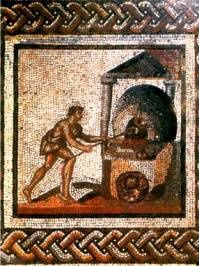 Coupe d'un four à potier de l'époque gallo-romaine: c'est la coupe exacte de celui retrouvé dans les Jardins de Magali ( Documents Wikipedia) Mosaique romaine représentant un four à potier: foyer en bas, sole ( plateforme ) pour mettre les poteries à cuire.