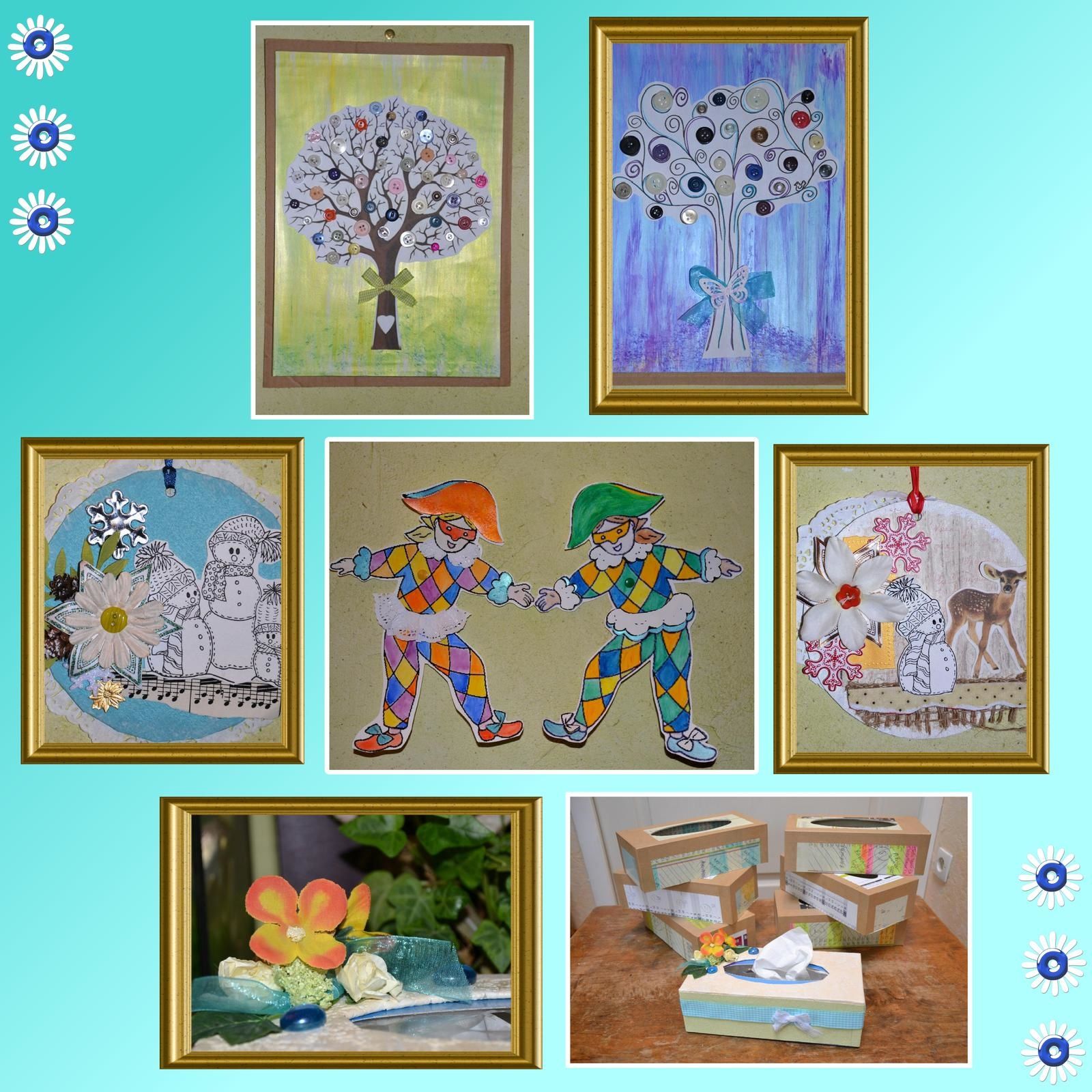 Des Arbres à Boutons, des CD d'Hiver, Frise d'Arlequins par Sandra, Boites à mouchoirs décorée
