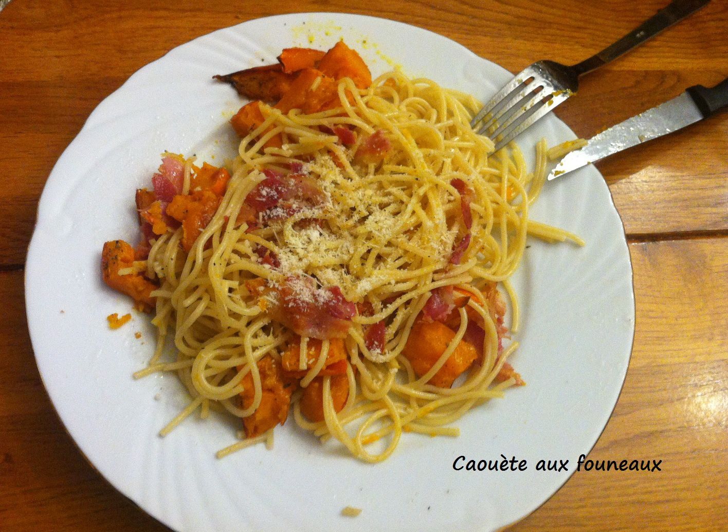 Spaghettis au potimarron rôti et à la pancetta 