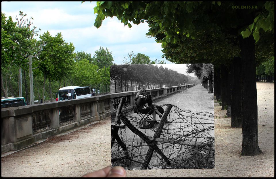 JARDIN DES TUILERIES. Paris est libre. « Amour et barbelés », photographie de Robert Doisneau en 1944.